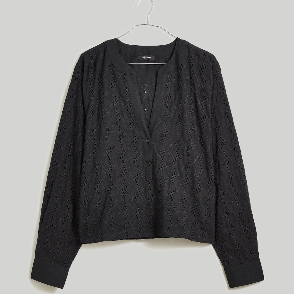 Madewell Long-Sleeve Popover Top in Eyelet – Size X-Small - Picture 3 of 6